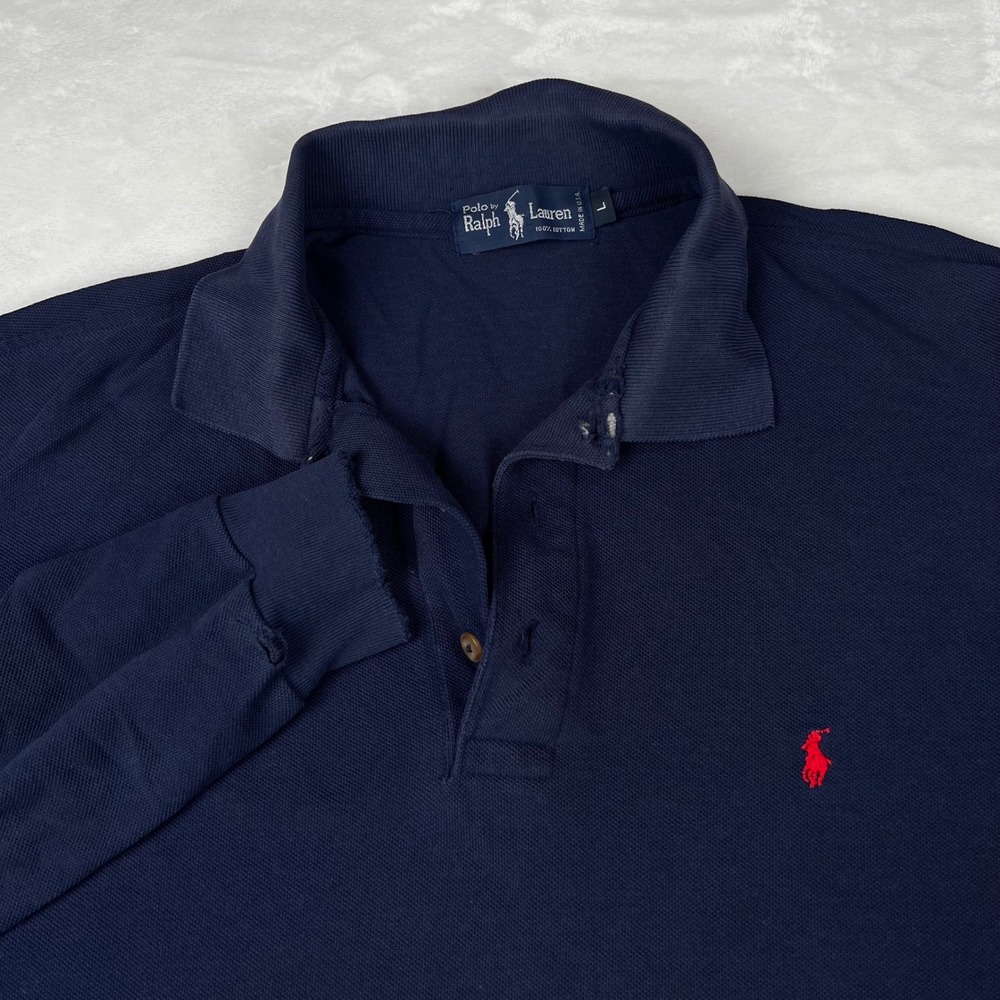 Vintage Polo Ralph Lauren Mens Navy Blue Long Sleeve Polo Shirt Made in USA L